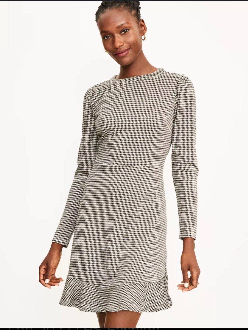 LOFT Houndstooth Ruffle Trim Dress